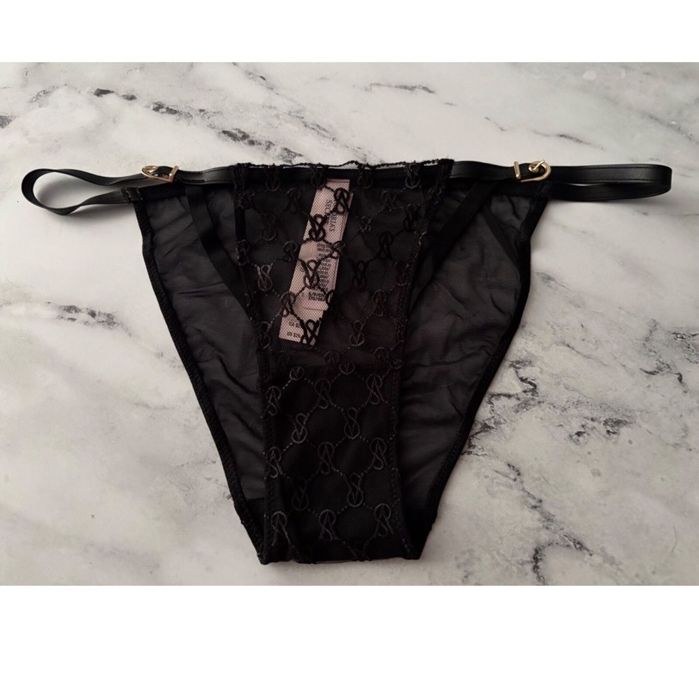 Victoria's Secret String Bikini Panty Black Mesh w/ VS Logo Cut Out Nwt